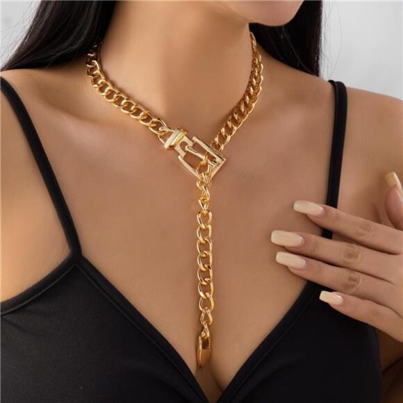 ✨ Chunky Cuban Link Chain Necklace | Gold Belt Buckle Statement Jewelry - Picture 3 of 5